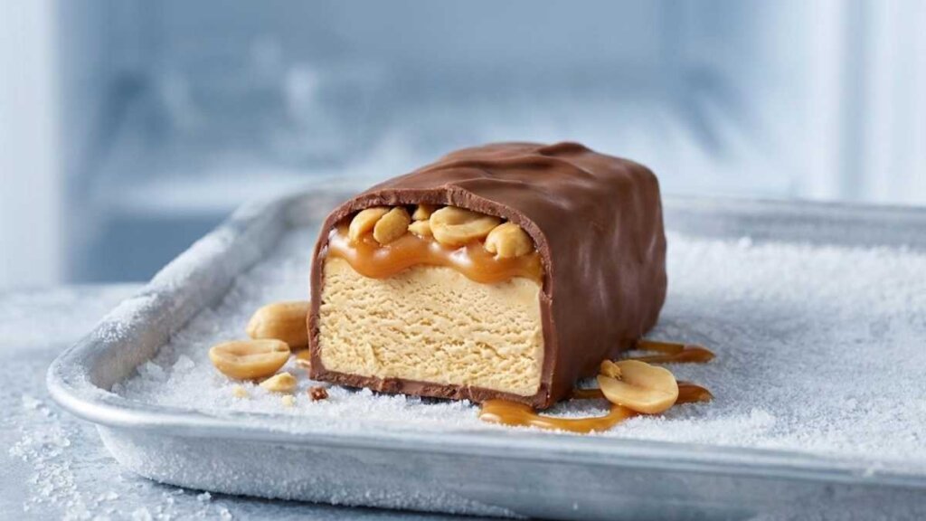 A mouth-watering close-up of a single Snickers Ice Cream Mini bar cut in half. The cross-section reveals a thick layer of creamy peanut butter ice cream at the bottom, topped with gooey caramel and whole roasted peanuts, all encased in a thick milk chocolate shell. Condensation on the chocolate suggests it is fresh from the freezer.