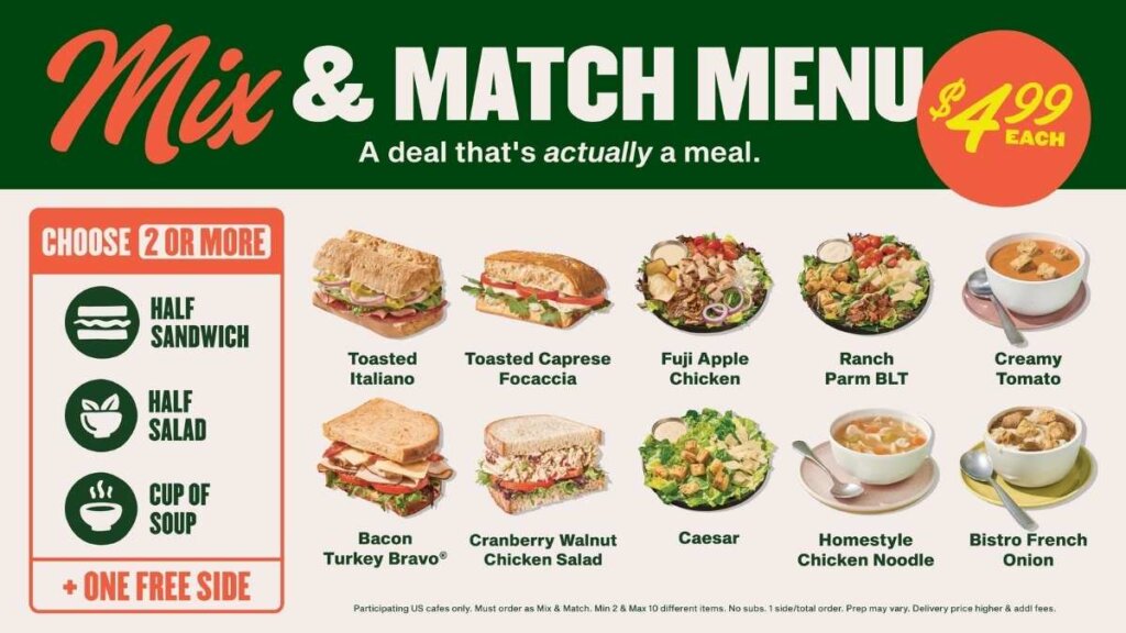 A promotional graphic displaying the text "A Deal That's Actually A Meal," featuring a Toasted Caprese Focaccia and a Bistro French Onion Soup side-by-side.