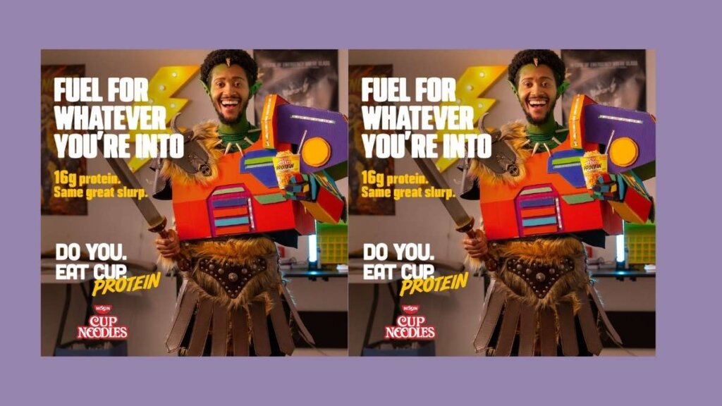 A promotional shot of the three new Cup Noodles Protein cups—Rich & Savory Chicken, Rich & Savory Beef, and Hot & Spicy Chicken—displaying the "16g Protein" label.