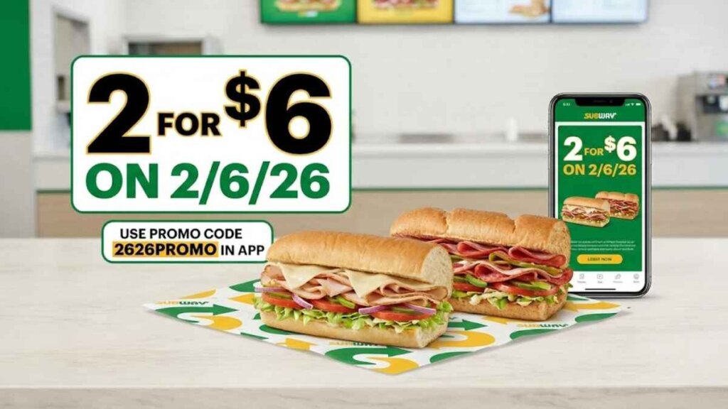 A split-screen promotional image showing two 6-inch Subway sandwiches on a counter with the text "2 for $6 on 2/6/26" and a smartphone displaying the Subway app promo code.