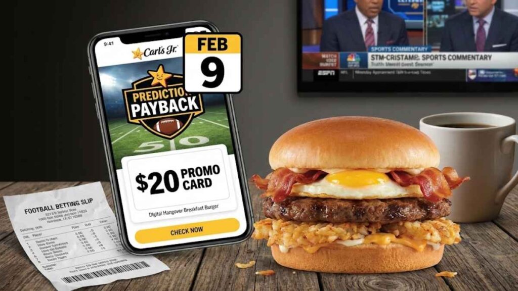 A split-screen promotional image for the Carl's Jr. Prediction Payback campaign. On the left, a smartphone displays the app offer for a $20 promo card next to a crumpled losing betting slip. On the right, a Hangover Breakfast Burger with egg, bacon, and hash browns sits on a wooden table near a coffee mug.
