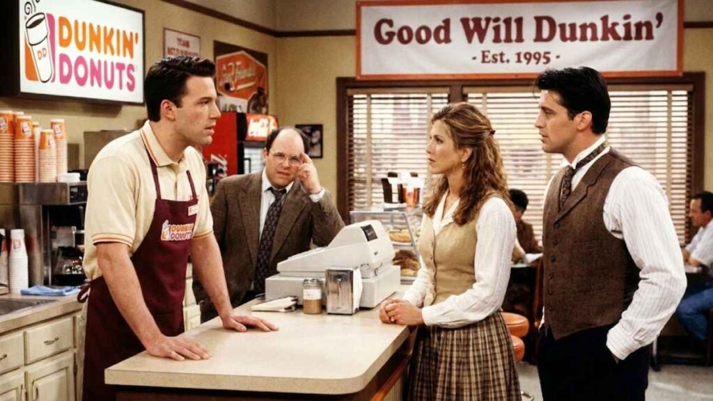 A scene from the "Good Will Dunkin'" Super Bowl commercial featuring Ben Affleck behind the counter in a retro Dunkin' uniform. He is speaking with Jennifer Aniston and Matt LeBlanc, who are dressed in 90s sitcom fashion. Jason Alexander stands in the background, and a banner reading "Good Will Dunkin' - Est. 1995" hangs on the wall.