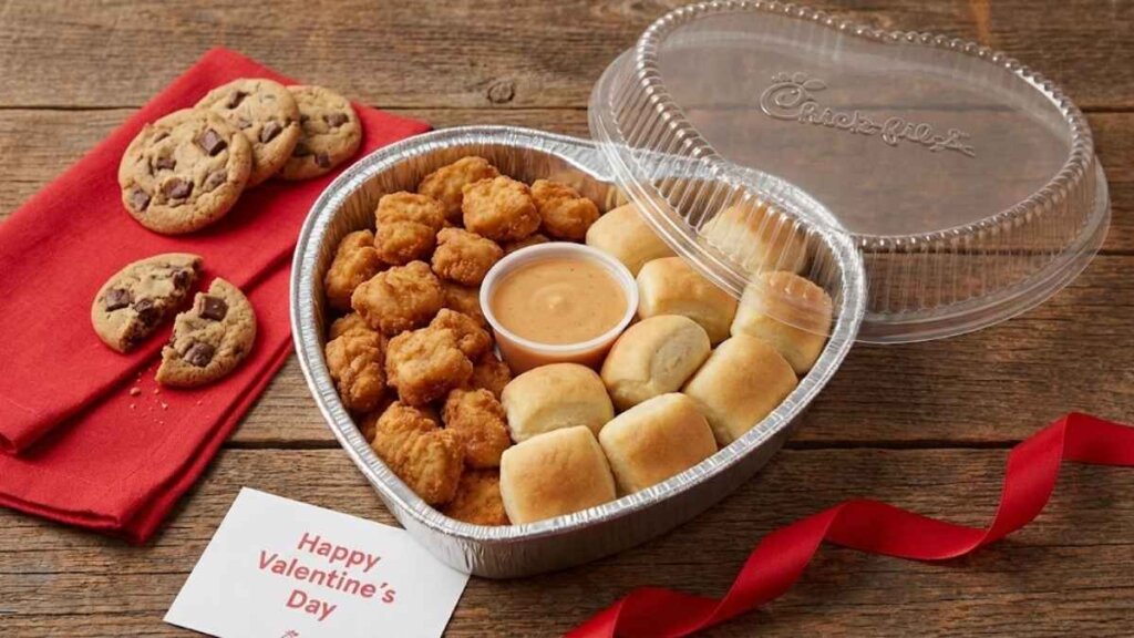 A heart-shaped aluminum tray filled with Chick-fil-A nuggets and yeast rolls, with a container of dipping sauce in the center. A red napkin with chocolate chunk cookies and a "Happy Valentine's Day" note sits beside the tray on a wooden table.