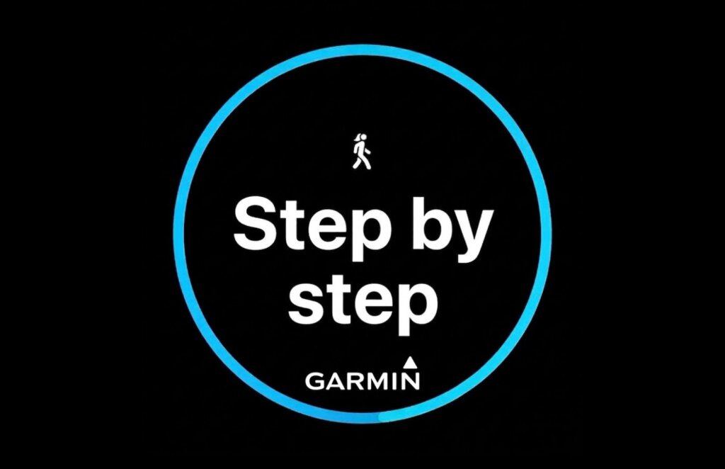 Garmin logo with the words Step by step and a walking icon.