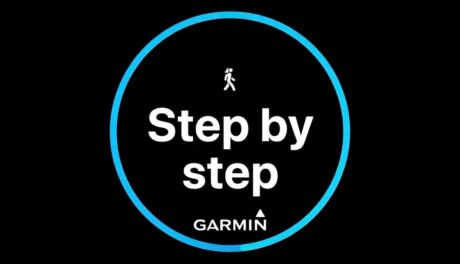 Garmin logo with the words Step by step and a walking icon.