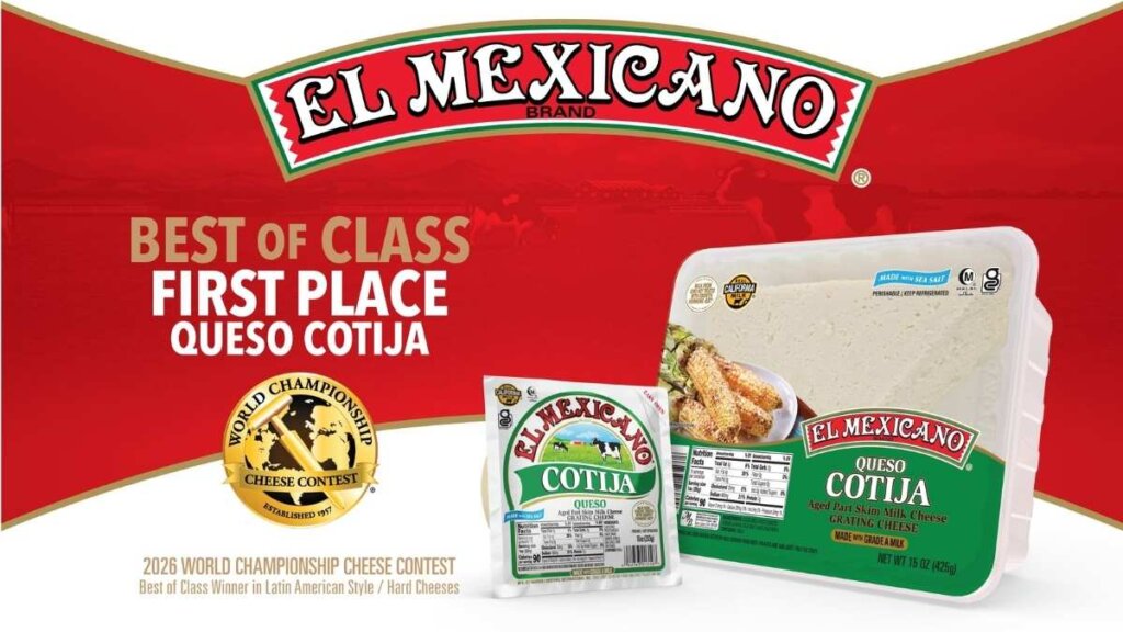 A gold medal next to a package of El Mexicano Queso Casero at the 2026 World Championship Cheese Contest.