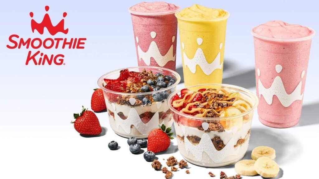 A Smoothie King PB Swizzle Greek Yogurt Bowl featuring peanut butter, sliced bananas, and cacao nibs.
