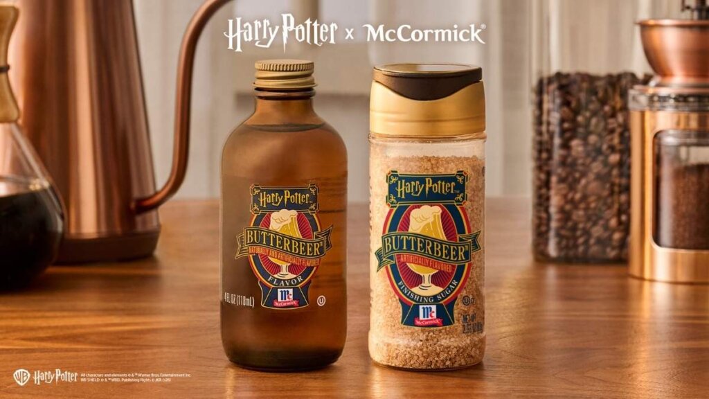 McCormick Harry Potter Butterbeer Finishing Sugar and Flavor liquid on a kitchen counter.