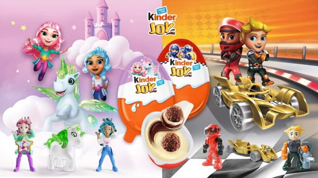 A Kinder Joy egg opened to reveal a colorful unicorn figurine and the Applaydu app interface on a tablet.