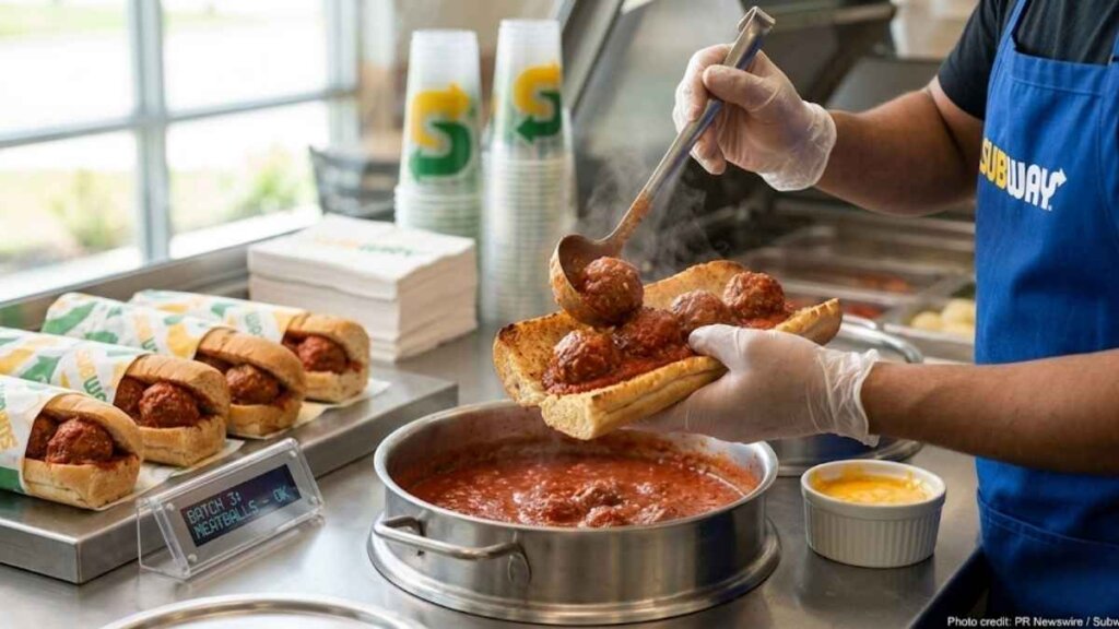 A Subway Meatball Marinara footlong sub with melted cheese and rich tomato sauce on a toasted bun.