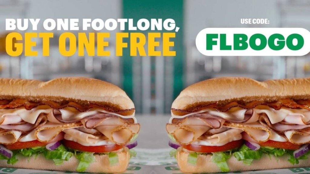 Subway footlong sandwich BOGO deal for Sub Club members using promo code FLBOGO, available April 1 to 28, 2026