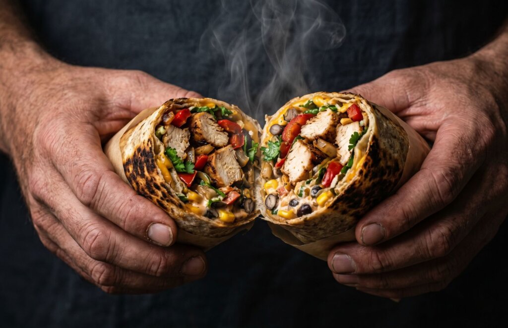 Close-up of hands holding an open protein wrap with visible grilled chicken filling