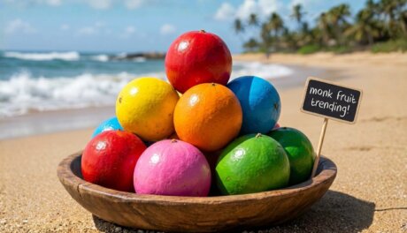 A bowl at the beach with colorful monk fruits and a sign that says "Monk Fruit Trending"