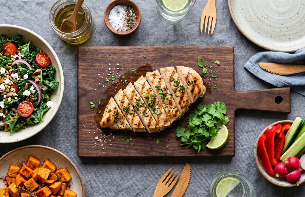 Flatlay of grilled chicken breast with fresh vegetables