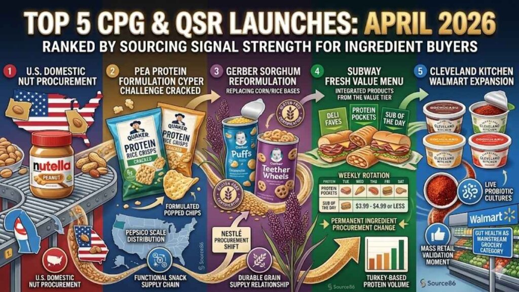 Top 5 CPG and QSR product launches of April 2026 including Ferrero Nutella Peanut, Quaker Protein Rice Crisps, Gerber sorghum Puffs, Subway Fresh Value Menu, and Cleveland Kitchen Walmart fermented foods expansion