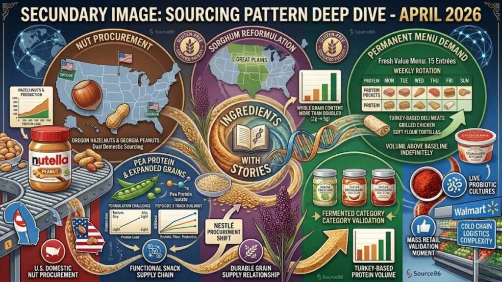 Top 5 CPG and QSR product launches of April 2026 including Ferrero Nutella Peanut, Quaker Protein Rice Crisps, Gerber sorghum Puffs, Subway Fresh Value Menu, and Cleveland Kitchen Walmart fermented foods expansion