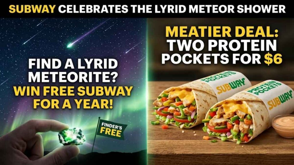 Subway Protein Pockets two-for-$6 deal available April 21, 2026 at participating U.S. locations using code 246MEATIER, tied to the Lyrid Meteor Shower promotion