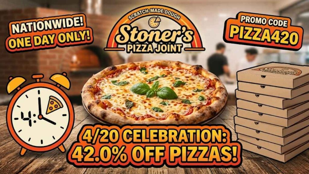 Stoner's Pizza Joint cheese pizza, featured in the brand's 4/20 promotion offering 42.0% off all regular-priced pizzas on April 20, 2026