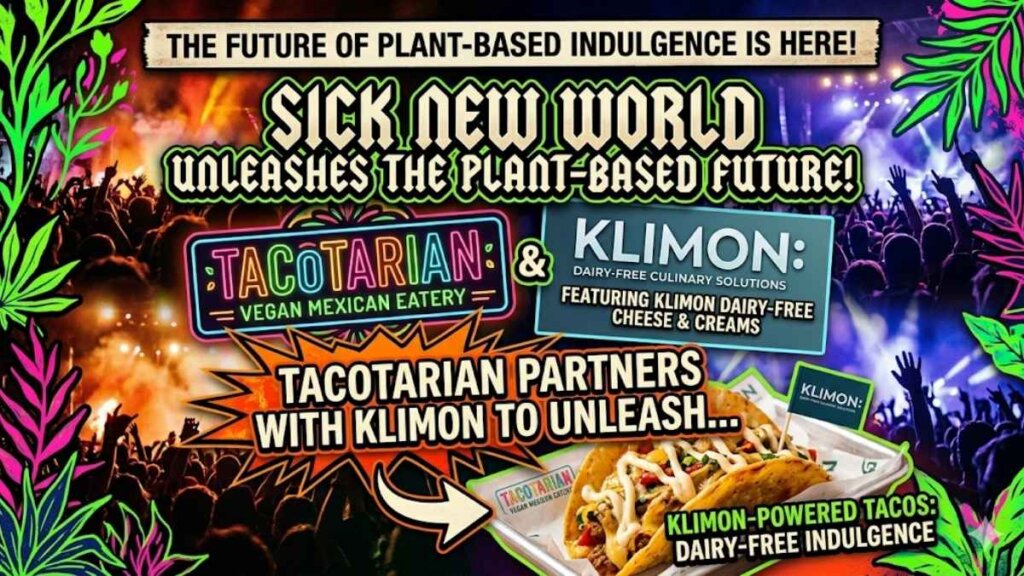 Tacotarian x KLIMON partnership at Sick New World festival in Las Vegas featuring KLIMON's Churro Chata Dairy-Free Ice Cream Sandwich and Tacotarian's plant-based Mexican street food menu, April 2026
