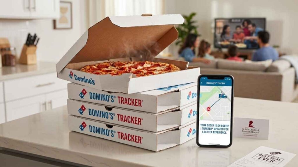 Domino's pizza promotion offering 50% off all menu-priced pizzas ordered online April 20–26, 2026, including Handmade Pan and Parmesan Stuffed Crust, tied to NFL Draft Week