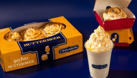 Cinnabon Butterbeer cinnamon roll and drink in retail ready packaging, showcasing limited-time menu and supplier innovation