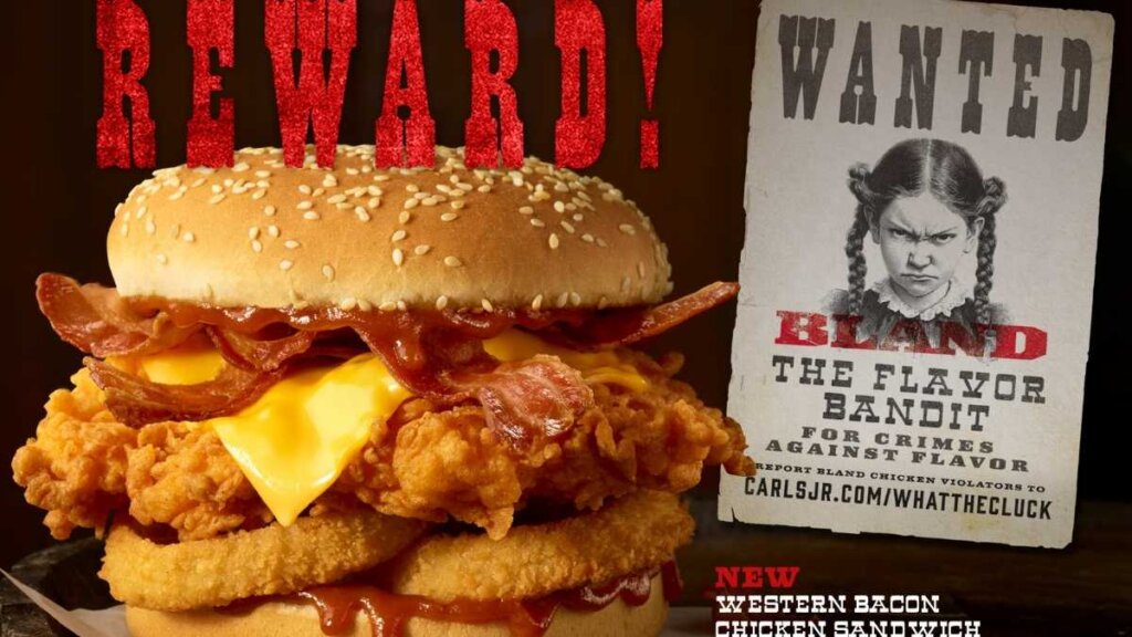 Carl's Jr. Western Bacon Chicken Sandwich featuring buttermilk chicken fillet, Cherrywood bacon, American cheese, crispy onion rings, and Western BBQ sauce, launched April 2026