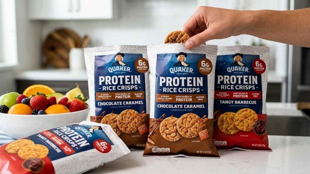 New Quaker Protein Rice Crisps available in Chocolate Caramel Flavor and Tangy Barbecue Flavor.