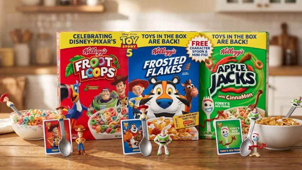 Kellogg's special edition Frosted Flakes and Froot Loops cereal boxes with Toy Story 5 in-box character spoons featuring Woody, Buzz Lightyear, and Jessie, available nationwide from April 26, 2026