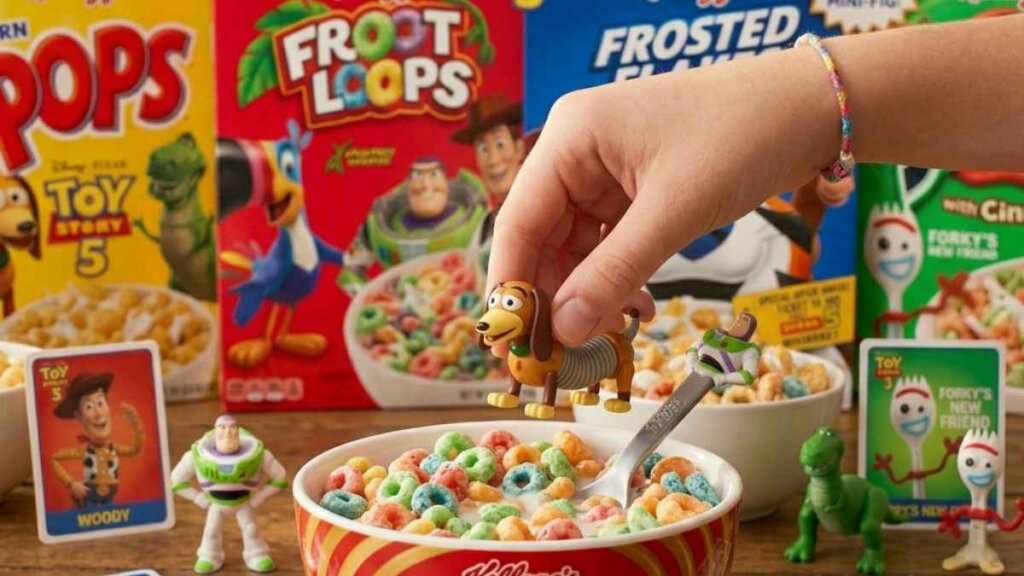 Kellogg's special edition Frosted Flakes and Froot Loops cereal boxes with Toy Story 5 in-box character spoons featuring Woody, Buzz Lightyear, and Jessie, available nationwide from April 26, 2026