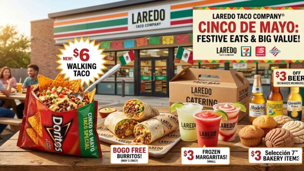 Laredo Taco Company Cinco de Mayo 2026 promotion featuring the new $6 Walking Taco with Doritos, seasoned ground beef, queso, and pico de gallo, plus BOGO burritos and $3 frozen margaritas available May 5 at 7-Eleven, Speedway, and Stripes stores