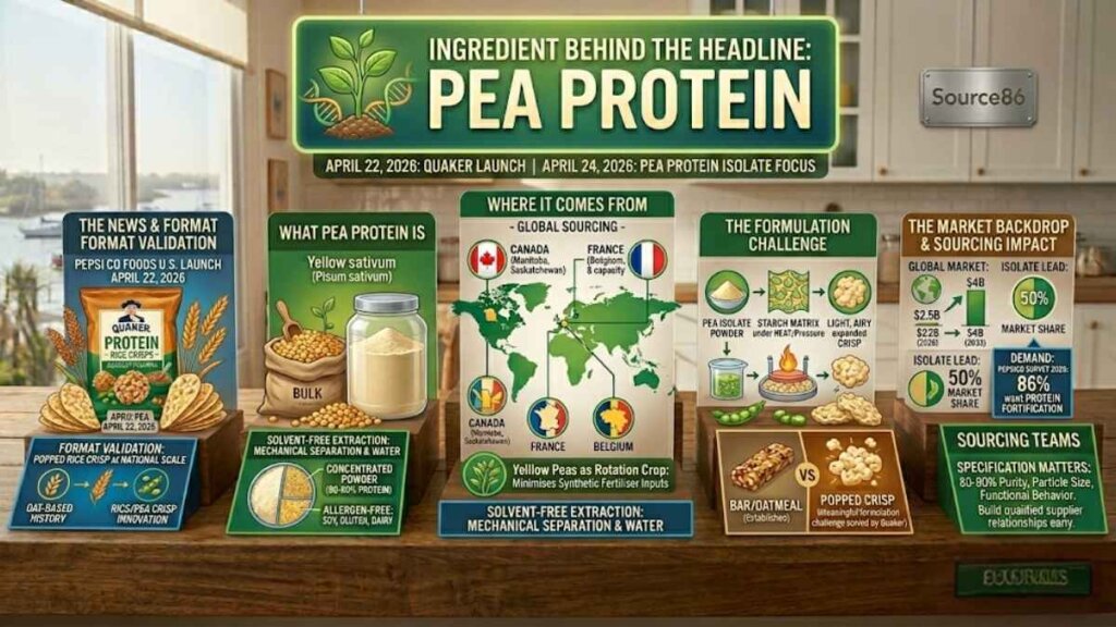Pea protein isolate powder in bulk sourcing format, the key functional ingredient in Quaker Protein Rice Crisps launched April 2026 by PepsiCo Foods U.S.