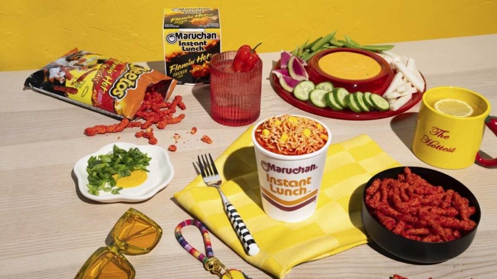 Maruchan Instant Lunch Flamin' Hot Flavored Chicken Flavor cup, launched at Walmart April 2026 in partnership with PepsiCo's Flamin' Hot brand