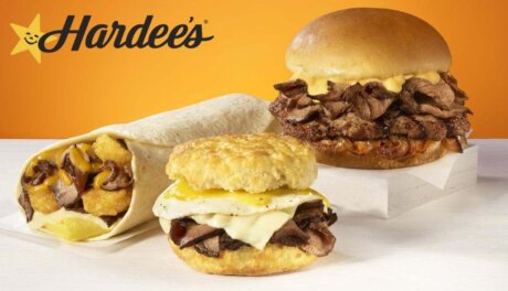 Hardee’s Prime Rib Burger with au jus, part of new menu platform launch, relevant for supplier, manufacturer, retail ready food products