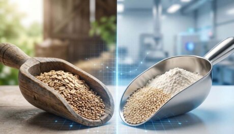 CPG product developer comparing organic and conventional bulk ingredients, reviewing samples, certifications, and sourcing decisions in a lab setting