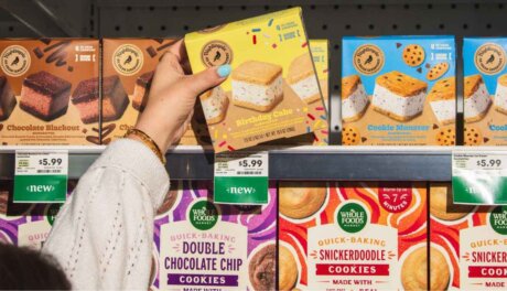Nightingale Ice Cream 4-pack sandwiches in Whole Foods freezer, retail ready premium frozen dessert product