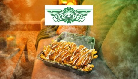 Wingstop Hot Box with Fiery Nacho wings, fries and drink, limited 4/20 release, retail ready fast food meal