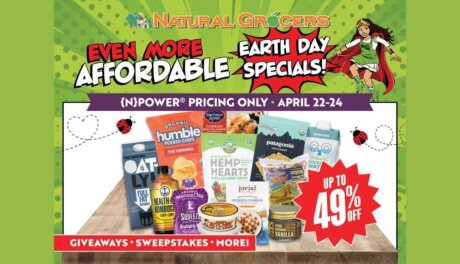 Natural Grocers Earth Day display with organic products and retail-ready sustainable goods on sale