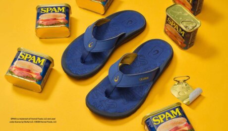 OluKai SPAM sandal collaboration inspired by musubi design, retail-ready lifestyle product from footwear manufacturer partnership