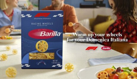 Barilla Racing Wheels pasta shaped like F1 tires, retail-ready product showcasing manufacturer innovation and R&D