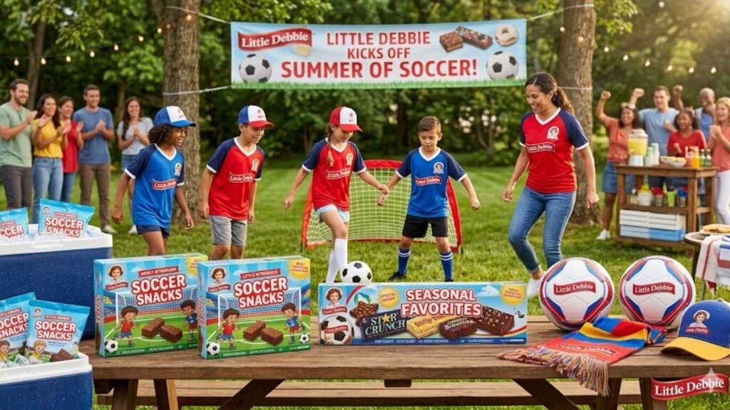Little Debbie Summer of Soccer campaign launching June 2026 featuring new Soccer Brownies with field-green icing, Soccer S'mores Mini Muffins with chocolate chips and marshmallow bits, Soccer Mini Donuts with colorful sugar crystals, and Soccer Gingerbread Cookies at major retailers nationwide
