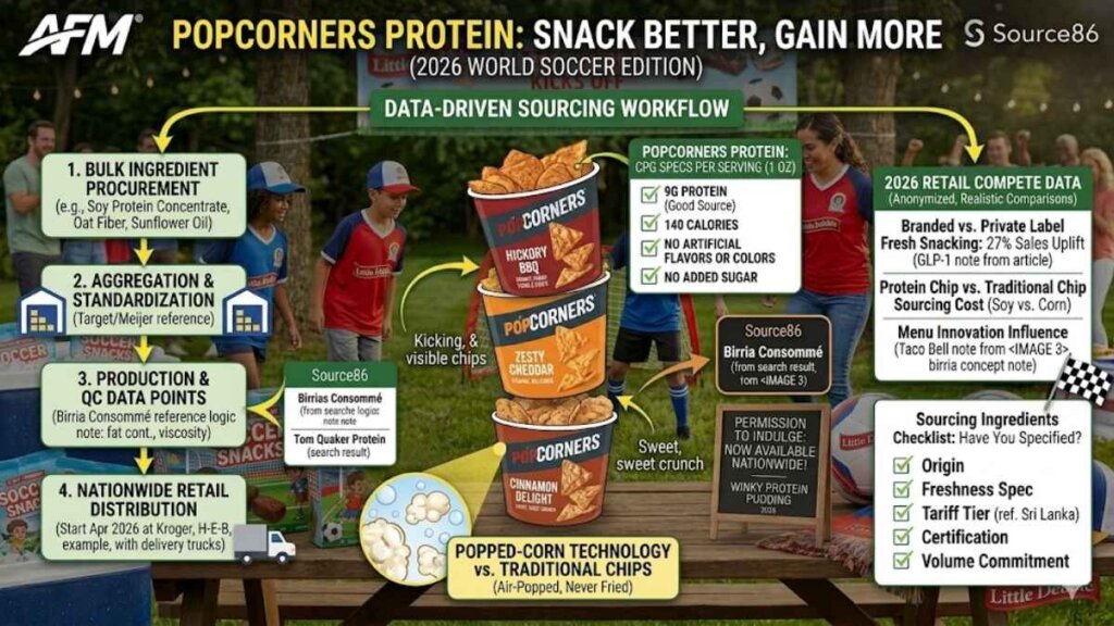 PopCorners Protein bags in Hickory BBQ, Zesty Cheddar, and Cinnamon Delight flavors launching at select retailers late May 2026 and nationwide July 2026, delivering 9 grams of complete protein from pea protein and rice protein per serving, popped and never fried with no artificial preservatives or flavors