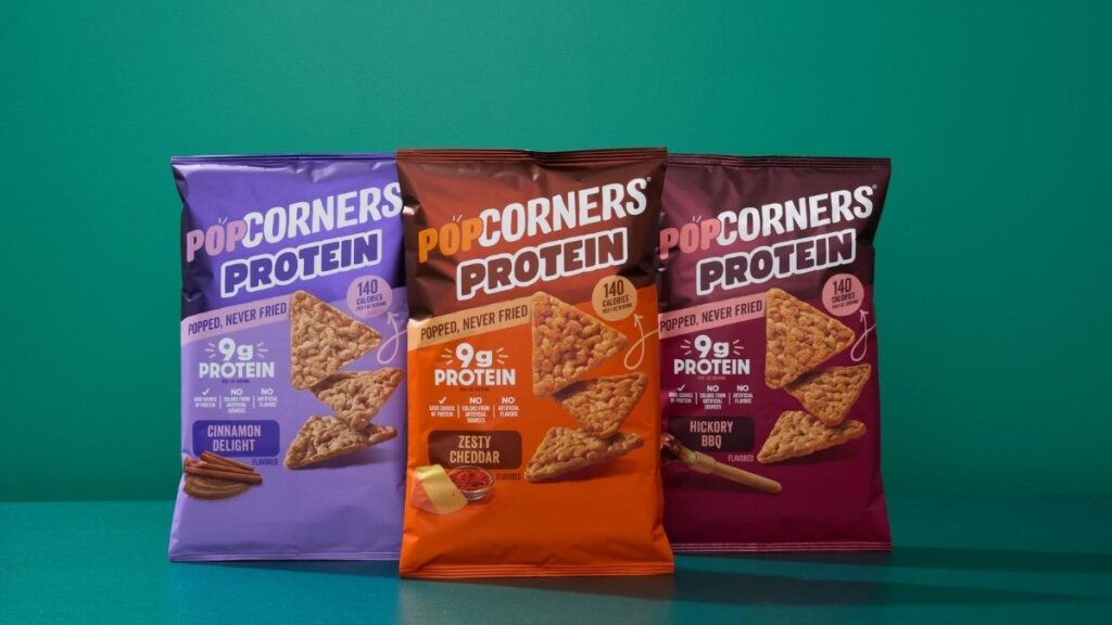 PopCorners Protein bags in Hickory BBQ, Zesty Cheddar, and Cinnamon Delight flavors launching at select retailers late May 2026 and nationwide July 2026, delivering 9 grams of complete protein from pea protein and rice protein per serving, popped and never fried with no artificial preservatives or flavors