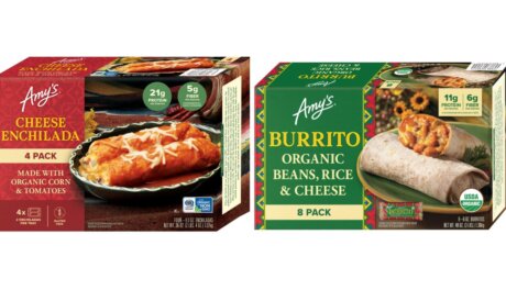 Amy’s Kitchen organic frozen enchiladas and burritos in bulk retail-ready packaging at Costco warehouse display