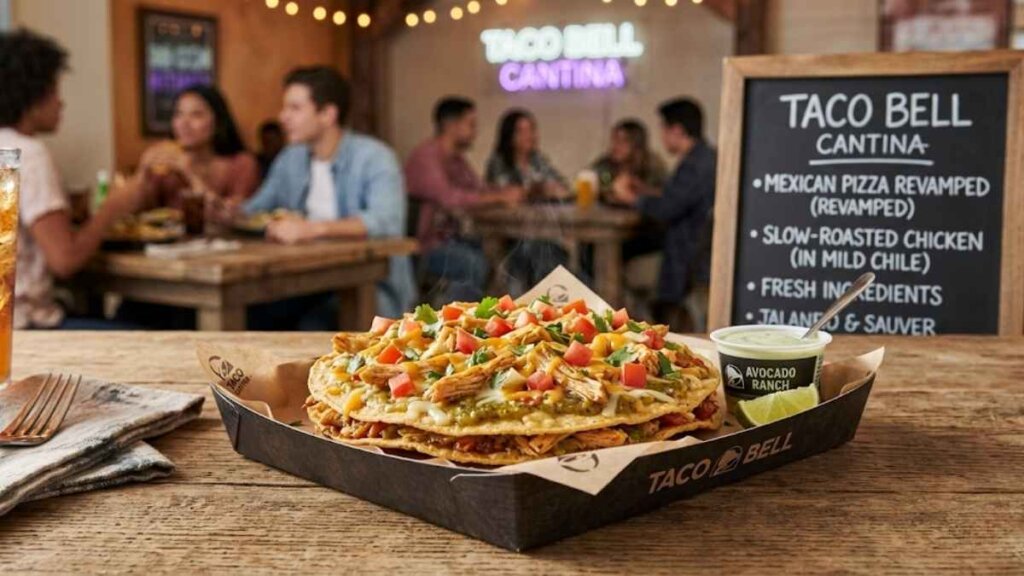 Taco Bell Cantina Chicken Mexican Pizza launching nationwide May 21 2026 featuring slow-roasted Cantina Chicken, black beans, green chile sauce, three-cheese blend, shredded purple cabbage, and pico de gallo on crispy tortilla shells, served with new Jalapeño Citrus Salsa sauce packet

