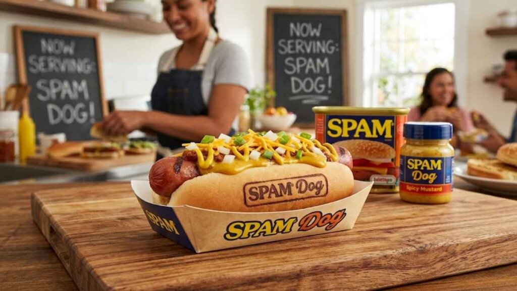 The new Hormel SPAM Dog served inside a classic hot dog bun with yellow mustard and spicy kimchi toppings.