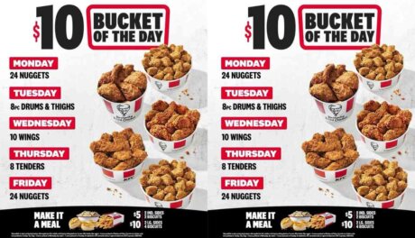 KFC $10 weekday bucket lineup with nuggets, tenders, wings and new sauces Honey Chili Crisp and Jalapeño Ranch