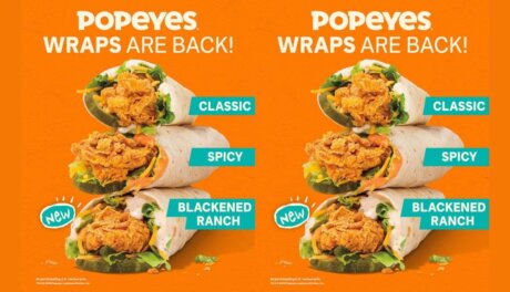 Popeyes Chicken Wraps with Blackened Ranch and Honey BBQ sandwiches, retail-ready fast food menu expansion