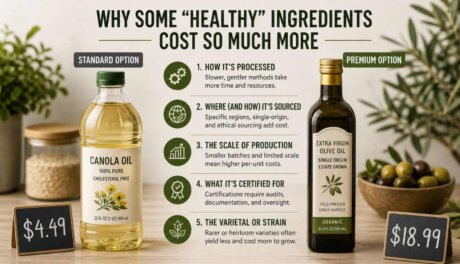 Comparison of premium and standard cooking oils showing pricing differences based on sourcing and processing