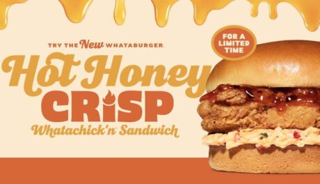 Whataburger Hot Honey Crisp Whatachick’n Sandwich with chili crisp hot honey and cheddar spread on potato bun