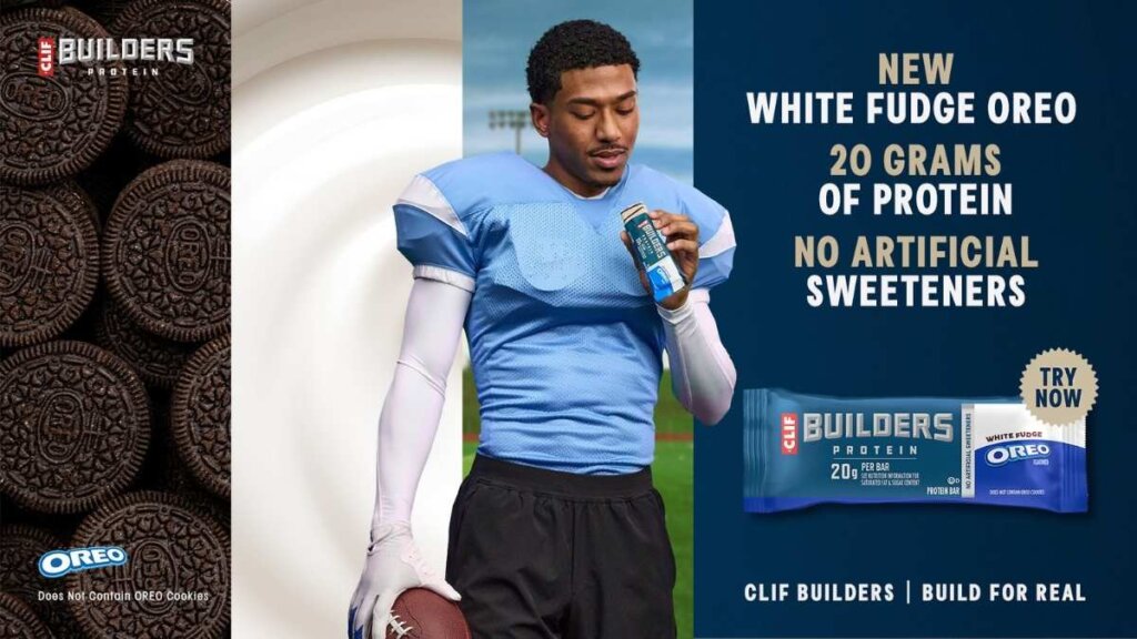 BUILDERS White Fudge OREO-flavored protein bar is inspired by milk’s favorite cookie, featuring a crunchy texture, creamy white fudge coating and dark cocoa drizzle for a delicious, treat-inspired bite.